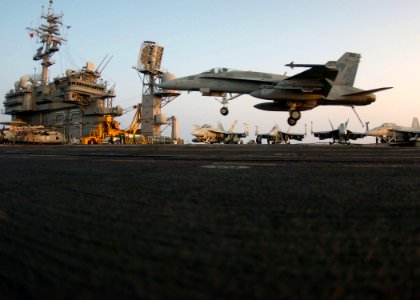 US Navy 050810-N-3488C-036 An F-A-18C Hornet, assigned to the Golden Dragons of Strike Fighter Squadron One Nine Two (VFA-192), prepares for an arrested landing