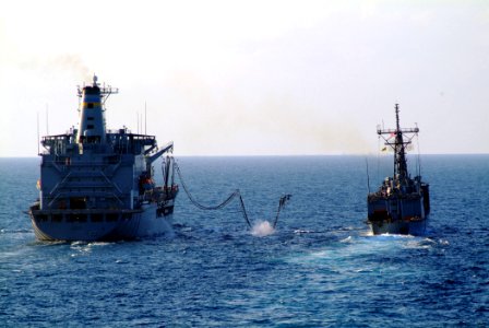 US Navy 050729-N-4772B-056 The Military Sealift Command (MSC) underway replenishment oiler USNS Guadalupe (T-AO 200) prepares to conduct an underway replenishment (UNREP) with the guided missile frigate USS Rodney M. Davis (FFG