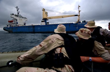 US Navy 050810-F-4883S-075 A Visit Board Search and Seizure team from the U.S. Navy guided missile cruiser USS Thomas S. Gates (CG 51), prepares to board a Panamanian vessel for a simulated medical call during PANAMAX 2005