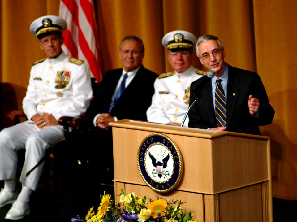 US Navy 050722-N-0962S-011 Secretary of the Navy Gordon England delivers his remarks during the Chief of Naval Operations change of command ceremony