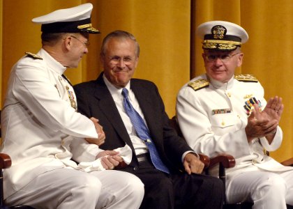 US Navy 050722-N-5390M-008 Secretary of Defense Donald Rumsfeld shakes hands with Adm. Mike Mullen, Chief of Naval Operations (CNO)