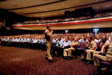 US Navy 050802-N-0962S-158 Master Chief Petty Officer of the Navy (MCPON) Terry Scott speaks to approximately 1,200 chief petty officers (CPO) and CPO selectees at the Naval Amphibious Base Little Creek base theater photo