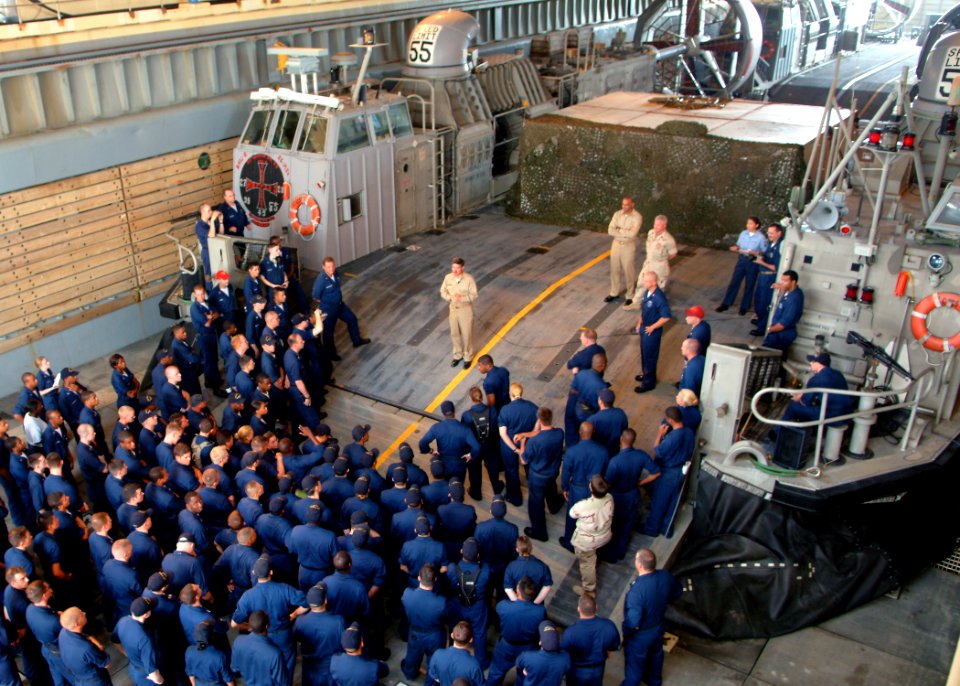 US Navy 050713-N-0962S-043 Master Chief Petty Officer of the Navy (MCPON) Terry Scott speaks with Sailors aboard the amphibious dock landing ship USS Ashland (LSD 48) during an all hands call