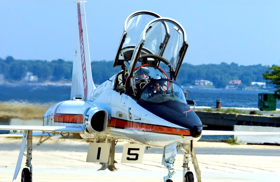 US Navy 050803-N-0295M-249 A T-38A Talon, assigned to the U.S. Naval Test Pilot School, prepares to taxi to the active runway prior to a training flight from Naval Air Station Patuxent River, Md