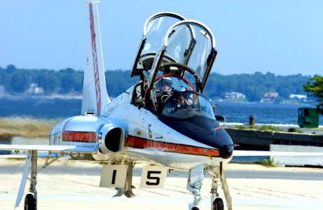 US Navy 050803-N-0295M-249 A T-38A Talon, assigned to the U.S. Naval Test Pilot School, prepares to taxi to the active runway prior to a training flight from Naval Air Station Patuxent River, Md