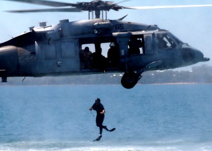 US Navy 050819-N-0716S-006 A Sailor assigned to Explosive Ordnance Disposal Mobile Unit Three (EODMU-3), Detachment 7, jumps from an MH-60S Seahawk helicopter during helo-cast operations photo