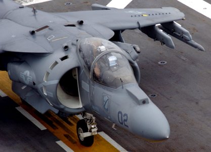 US Navy 050804-N-9866B-005 A Marine Corps AV-8B Harrier II, assigned to the Blacksheep of Marine Attack Squadron Two One Four (VMA-214), taxis down the flight deck