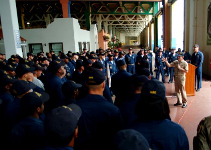 US Navy 050806-N-0962S-215 Master Chief Petty Officer of the Navy (MCPON) Terry Scott speaks to U.S. Navy Sailors and U.S. Coast Guardsmen during an all hands call