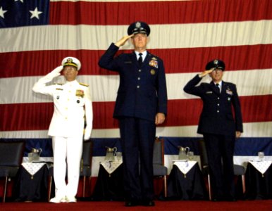 US Navy 050801-F-0193C-004 U.S. Navy Adm. Edmund P. Giambastiani, left, Chairman Joint Chiefs of Staff Gen. Richard Myers, center, and Col. Richard Johnson, right, render a salute