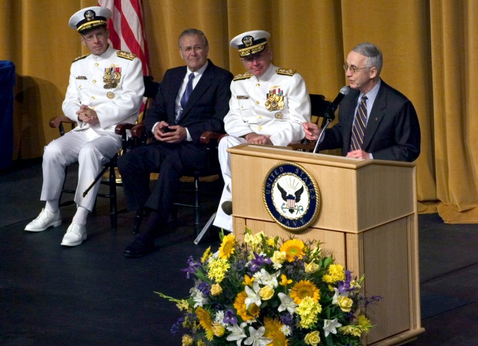 US Navy 050722-N-0295M-007 Secretary of the Navy Gordon England gives his address at the Chief of Naval Operations change of command ceremony. Adm. Mike Mullen relieved Adm. Vern Clark as Chief of Naval Operations (CNO)