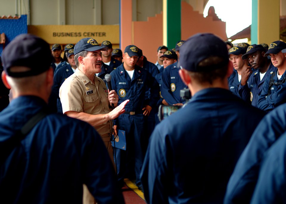 US Navy 050806-N-0962S-211 Master Chief Petty Officer of the Navy (MCPON) Terry Scott speaks to U.S. Navy Sailors and U.S. Coast Guardsmen during an all hands call in Colon, Panama