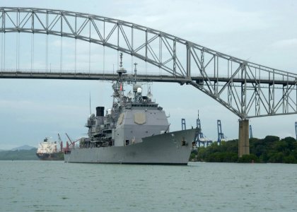 US Navy 050809-F-3177P-185 The guided missile cruiser USS Thomas S. Gates (CG 51) sails though the Bridge of the Americas as it departs the port of Vasco Nunez de Balboa