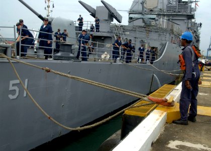 US Navy 050809-F-3177P-148 U.S. Naval personnel assigned to the guided missile cruiser USS Thomas S. Gates (CG 51), prepare for departure as they begin the at-sea portion of PANAMAX 2005