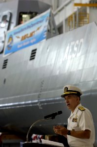US Navy 050824-N-7676W-033 Chief of Naval Research, Rear Adm. Jay Cohen, delivers the principal address at the christening of the Advanced Electric Ship Demonstrator (AESD), Sea Jet
