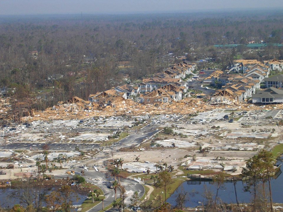 US Navy 050901-N-0000X-002 The family housing area on board Naval Construction Battalion Center (NCBC) Gulfport, Miss., shows considerable damage from Hurricane Katrina