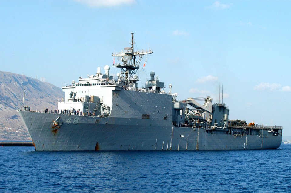 US Navy 050901-N-0780F-003 The dock landing ship USS Ashland (LSD 48) and embarked elements of 26th Marine Expeditionary Unit (MEU), arrive in Souda Harbor
