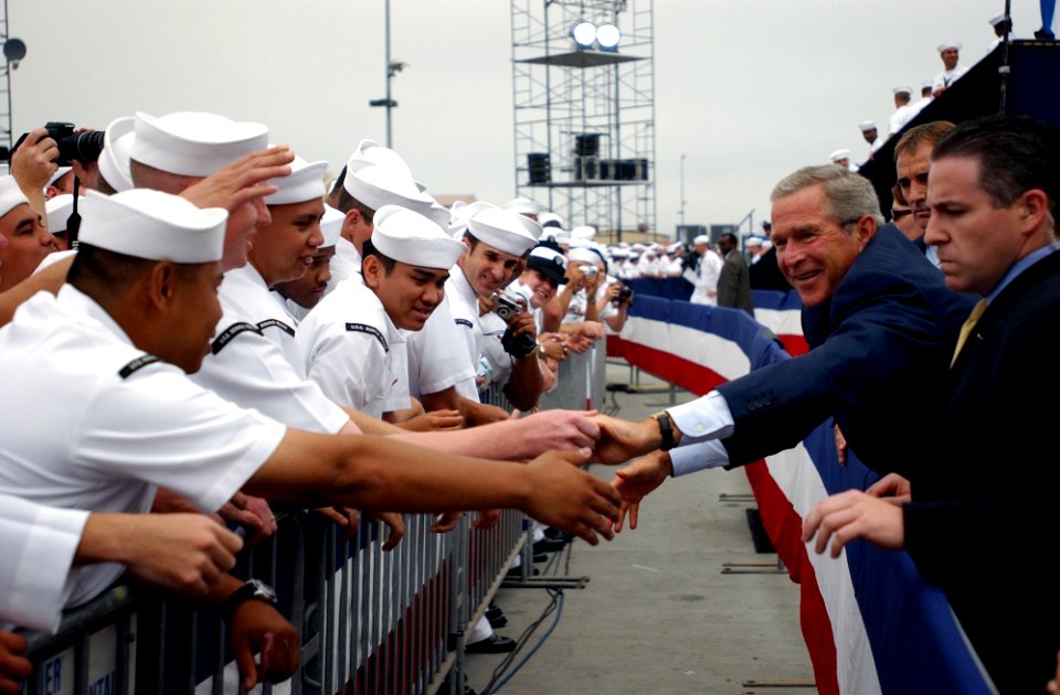 US Navy 050830-N-5549O-138 President George W. Bush pauses to greet and shake hands with San Diego-area Sailors after delivering a speech commemorating the 60th anniversary of the allied victory over Japan (V-J Day)