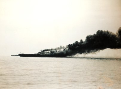 USS Bunker Hill (CV-17) burning on 11 May 1945 (colour)