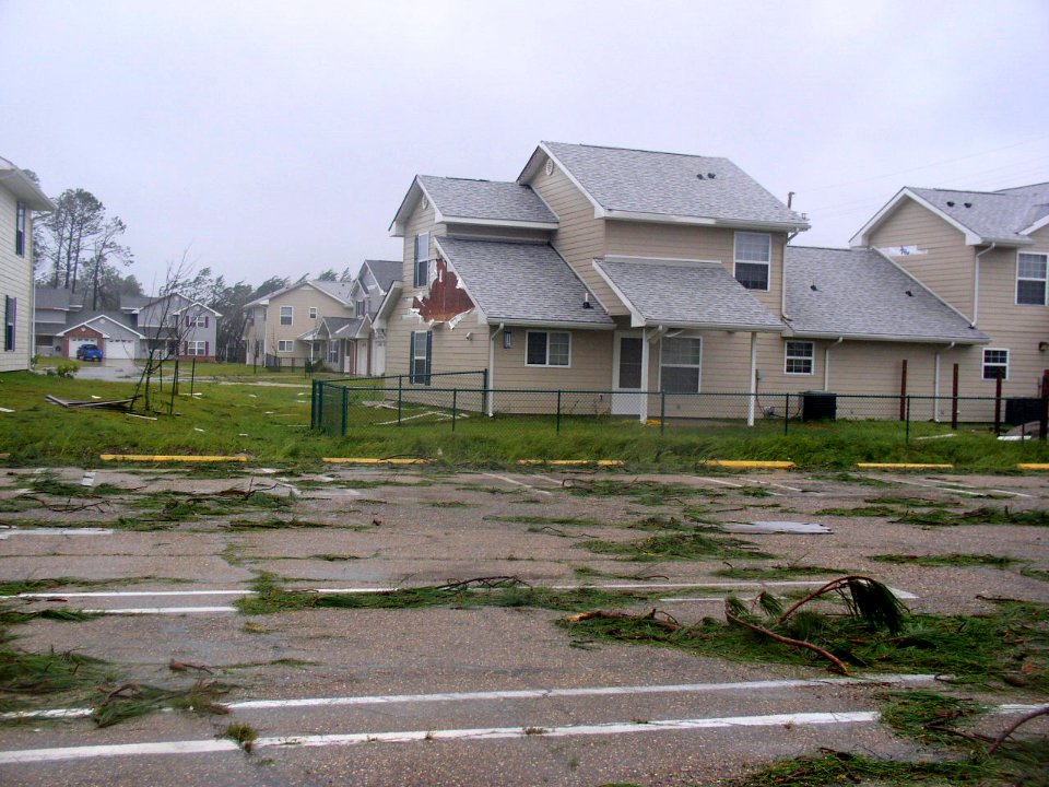 US Navy 050902-N-0000X-002 The family housing area on board Naval Construction Battalion Center (NCBC) Gulfport, Miss., shows damage from Hurricane Katrina