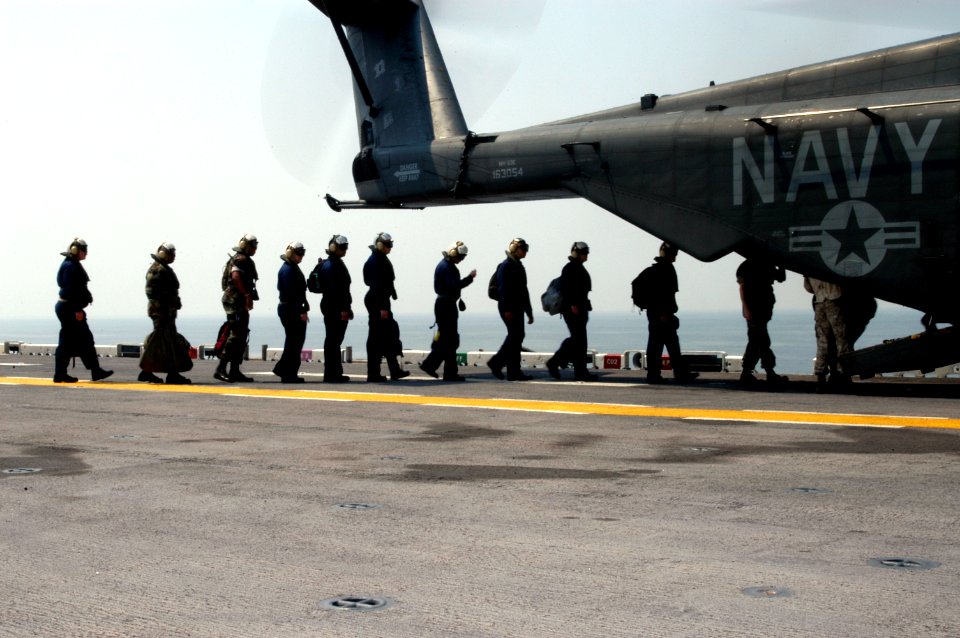 US Navy 050903-N-8154G-236 Medical personnel depart the amphibious assault ship USS Bataan (LHD 5) to provide medical assistance at the Convention Center in downtown New Orleans
