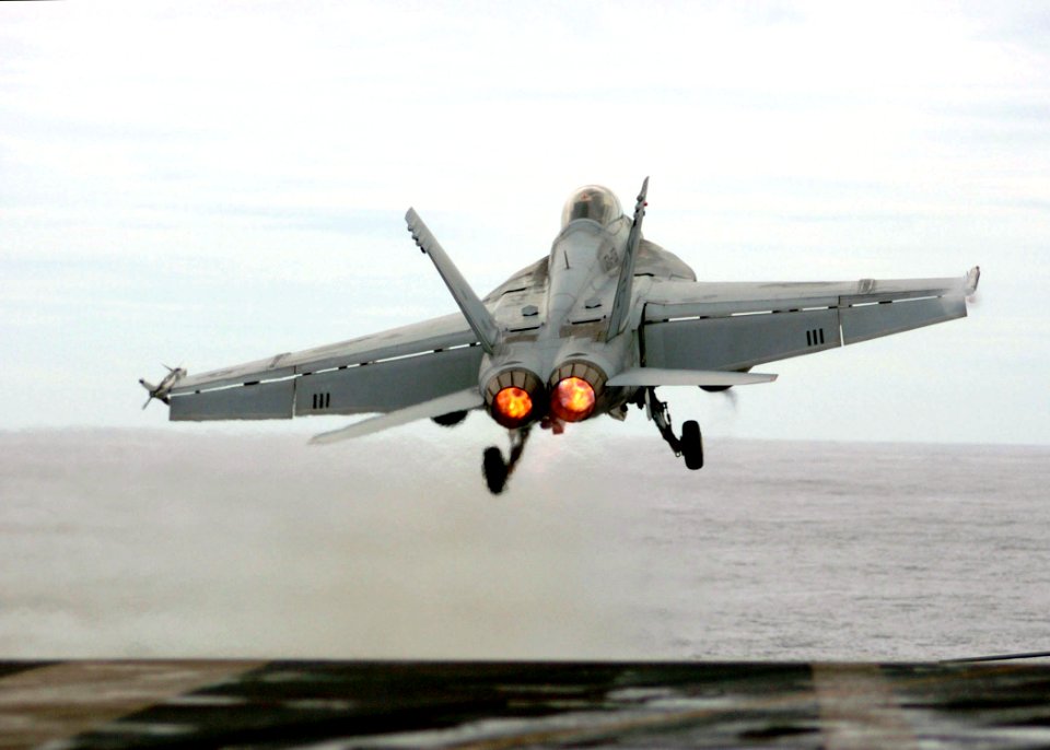 US Navy 050801-N-3488C-051 An F-A-18F Super Hornet assigned to the Diamondbacks of Fighter Squadron One Zero Two (VFA-102), launches off the flight deck