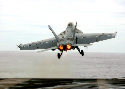 US Navy 050801-N-3488C-051 An F-A-18F Super Hornet assigned to the Diamondbacks of Fighter Squadron One Zero Two (VFA-102), launches off the flight deck