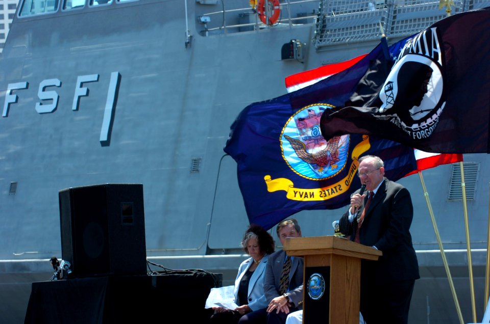 US Navy 050801-N-7676W-638 Chairman of the Board, President and Chief Executive Officer of Titan Corporation, Dr. Gene W. Ray, addresses the crowd during welcoming ceremonies for Sea Fighter (FSF 1)