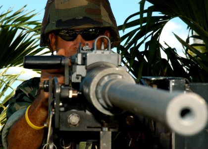 US Navy 050802-N-3019M-001 Master-at-Arms 2nd Class Guy DeCoito, assigned to Naval Station Pearl Harbor Security, demonstrates to military family members how to use a .50 caliber machine gun