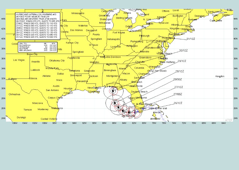 US Navy 050823-N-0000W-002 Navy weather graphic showing Hurricane Katrina after it crossed South Florida and headed back to sea in the Gulf of Mexico