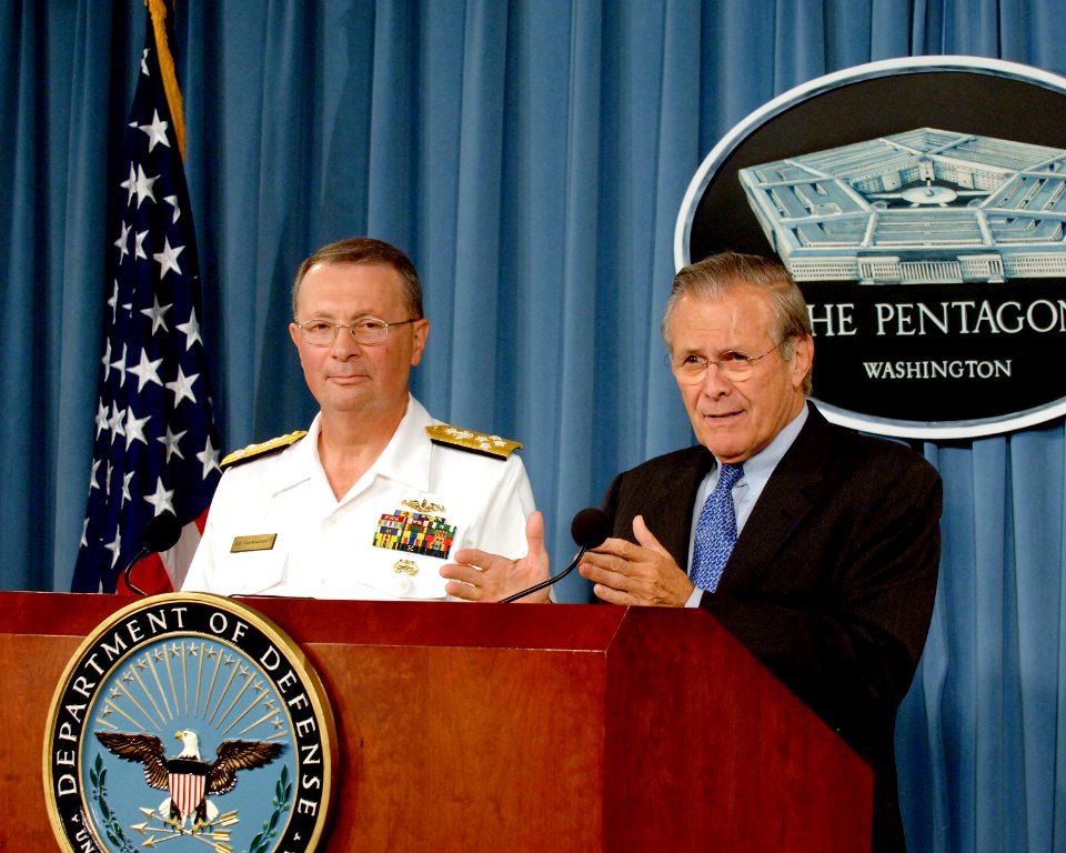 US Navy 050823-D-2987S-102 Secretary of Defense Donald H. Rumsfeld responds to a reporter's question during an operational press briefing with Vice Chairman Joint Chiefs of Staff Adm. Edmund Giambastiani