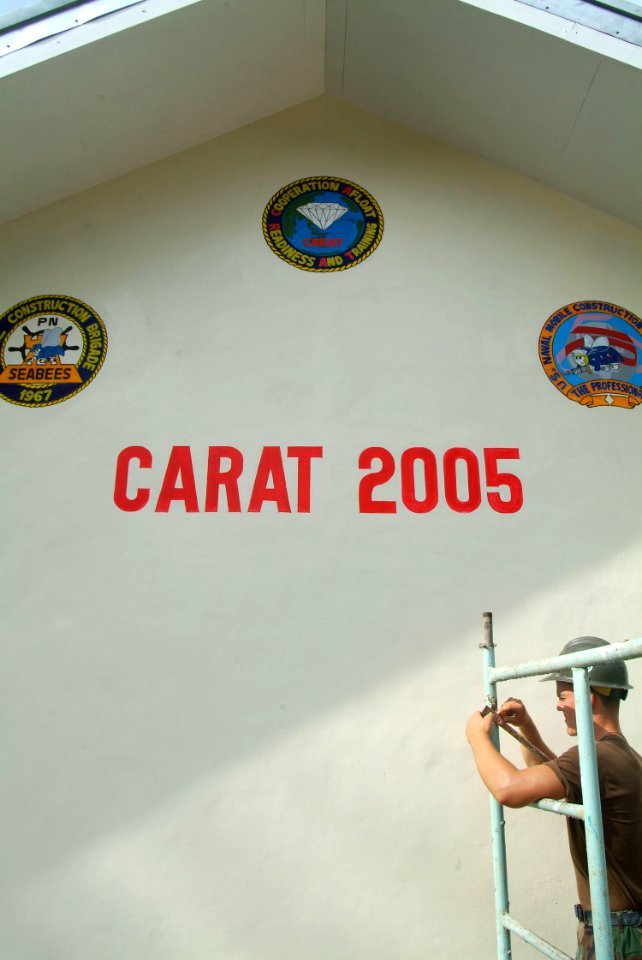 US Navy 050819-N-4772B-041 U.S. Navy Seabee, Builder Constructionman Aaron M. McNett, assigned to Naval Mobile Construction Battalion Five (NMCB-5), removes scaffolding from a two-room schoolhouse