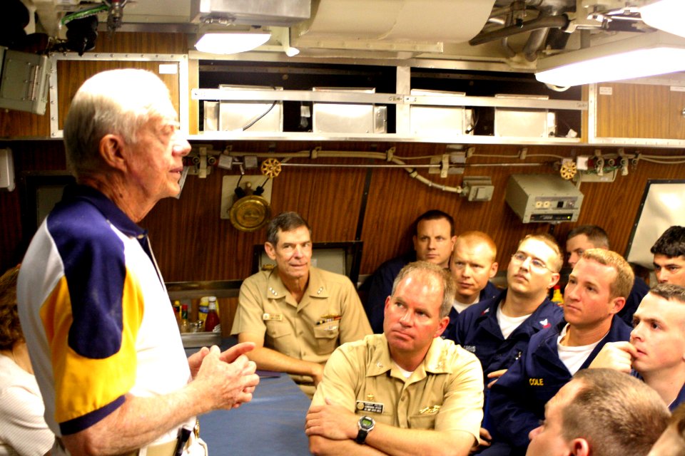 US Navy 050812-N-0653J-001 Former President Jimmy Carter addresses the crew of his namesake ship, the Sea Wolf-class attack submarine USS Jimmy Carter (SSN 23) in the crew's mess
