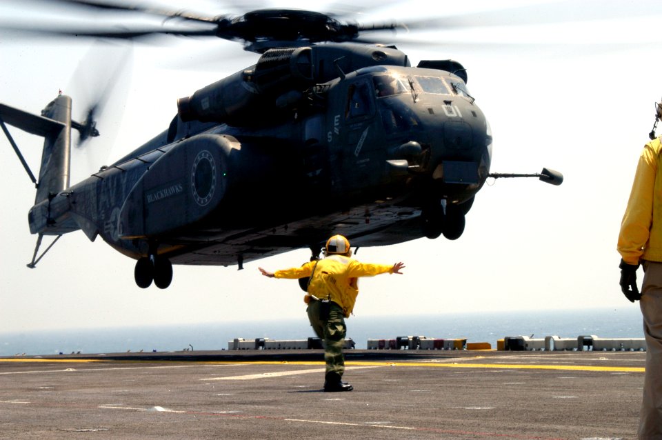 US Navy 050829-N-8154G-039 An MH-53E Sea Dragon, assigned to the Blackhawks of Helicopter Mine Countermeasures Squadron Fifteen (HM-15), stationed at Naval Air Station Corpus Christi, Texas,
