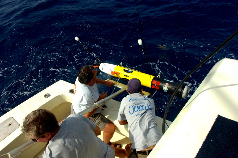 US Navy 050909-N-7676W-054 Mark Connelly, left, and Gary Umberger, center, work with a crew man to retrieve the Office of Naval Research (ONR) funded Remote Environmental Monitoring UnitS (REMUS)