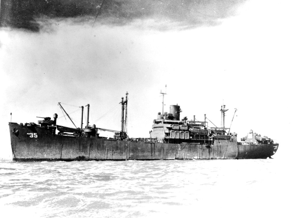 USS Callaway (APA-35) at anchor , circa in 1945 (NH 78548)