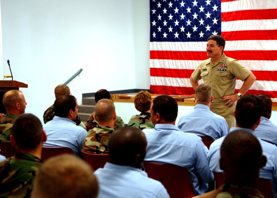 US Navy 050823-N-0962S-010 Master Chief Petty Officer of the Navy (MCPON) Terry Scott speaks to more than 60 chief petty officer selectees from Gulfport and Pascagoula, Miss