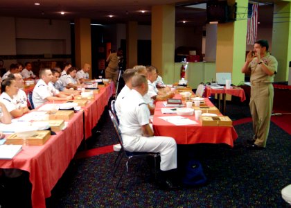 US Navy 050824-N-0962S-045 Master Chief Petty Officer of the Navy (MCPON) Terry Scott speaks to more than 40 Sailors from Millington, Tenn., selected to become chief petty officers photo