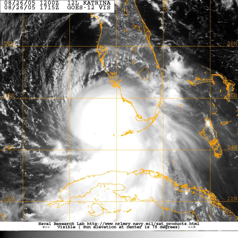 US Navy 050826-N-0000W-001 Satellite imagery showing the anticipated track of Hurricane Katrina. The storm crossed South Florida Thursday and headed back to sea in the Gulf of Mexico