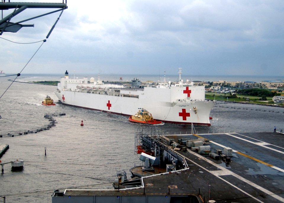 US Navy 050905-N-6343E-001 The Military Sealift Command (MSC) hospital ship USNS Comfort (T-AH 20) pulls into Naval Station Mayport, Fla., to take on supplies on their way to aid victims of Hurricane Katrina
