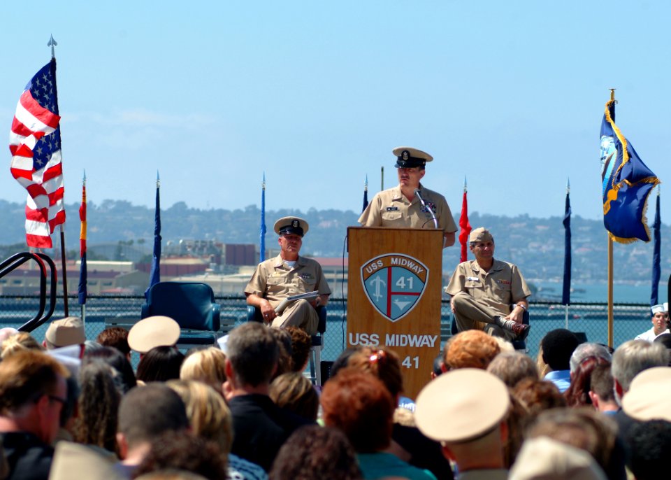 US Navy 050916-N-0962S-062 Master Chief Petty Officer of the Navy (MCPON) Terry Scott speaks during a chief petty officer pinning ceremony on board the San Diego Aircraft Carrier Museum Midway