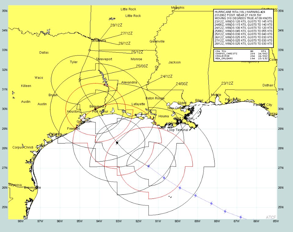 US Navy 050923-N-0000X-002 Current forecast projected path and wind speeds of Hurricane Rita from Sept 23 to Sept 28. Rita, a dangerous category three hurricane on the Saffir-Simpson Hurricane scale