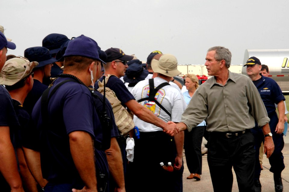 US Navy 050927-G-0000O-001 President George W. Bush and U.S. Coast Guard Vice Adm. Thad Allen visit with Coast Guard and Joint Task Force Rita personnel