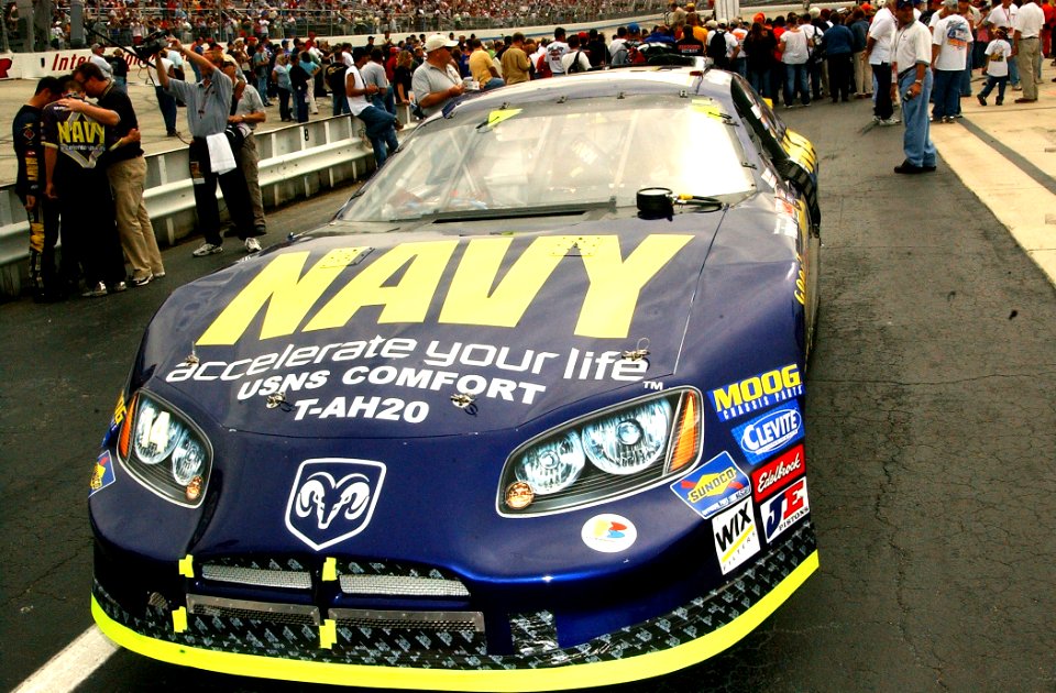 US Navy 050924-N-4729H-094 The Military Sealift Command (MSC) hospital ship USNS Comfort (T-AH 20) name appears on the hood of the Navy ^14 NASCAR Busch series racecar