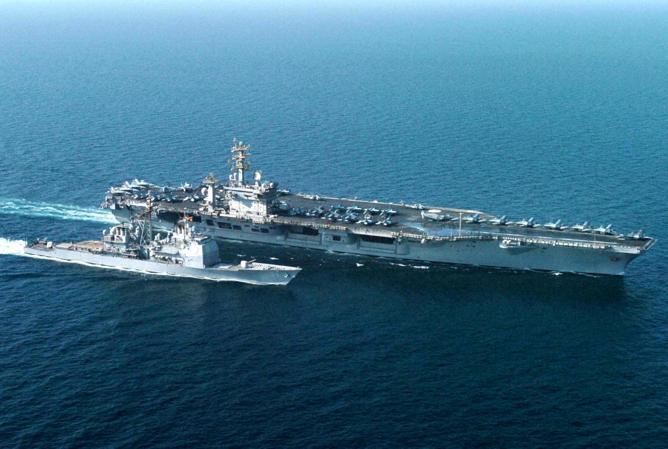 US Navy 050910-N-0413R-045 The nuclear-powered aircraft carrier USS Nimitz (CVN 68) and guided missile cruiser USS Princeton (CG 59) prepare for a connected replenishment at sea while underway in the Persian Gulf