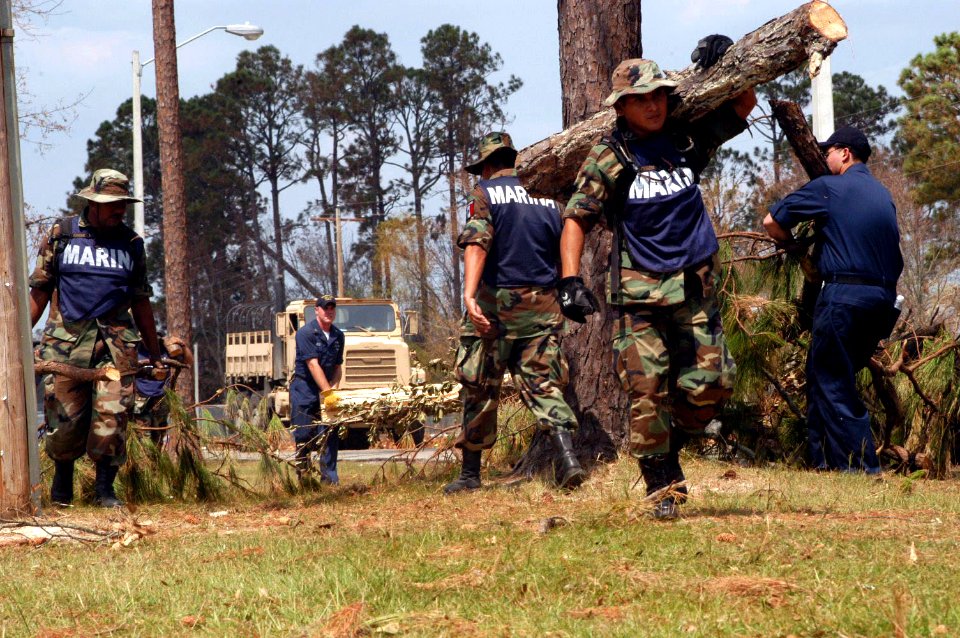 US Navy 050909-N-0793G-006 U.S. Sailors assigned to the amphibious assault ship USS Bataan (LHD 5) and Mexican Sailors assigned to the amphibious ship Papaloapan (P-411) work together to clean D'Iberville Elementary School