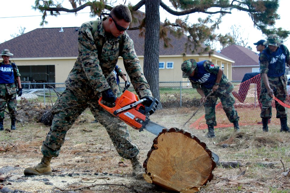US Navy 050909-N-1467R-077 A U.S. Marine assigned to 11th Marine Expeditionary Unit (MEU-11) stationed at Camp Pendleton, Calif., cuts a fallen tree as part of the cleaning efforts st D'Iberville Elementary School