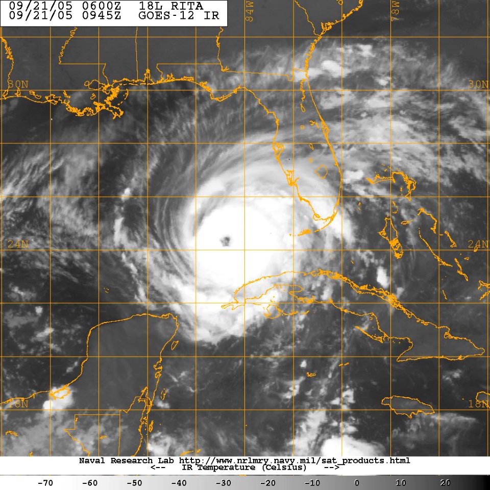 US Navy 050921-N-2222R-001 GOES-12 Satellite image provided by the U.S. Naval Research Laboratory, Monterey, Calif., showing the status of Hurricane Rita at approximately 4-45 am EST