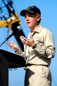 US Navy 050920-N-8154G-010 Capt. Nora W. Tyson speaks to the crew of the amphibious assault ship USS Bataan (LHD 5) during the ship's change of command ceremony