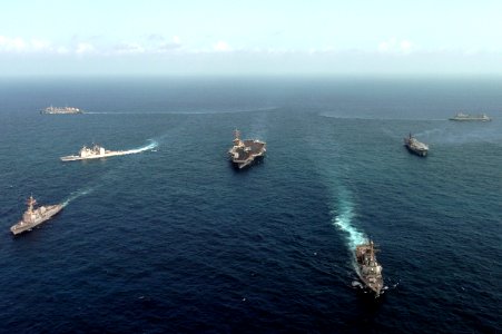 US Navy 050925-N-0413R-001 Ships assigned to the USS Nimitz Carrier Strike Group and the Indian aircraft carrier Viraat (R 22) underway in formation as part of exercise Malabar 2005