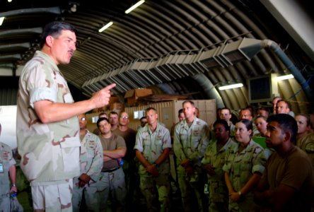 US Navy 051011-N-0962S-040 Master Chief Petty Officer of the Navy (MCPON) Terry Scott speaks to Sailors assigned to Fighting Pelicans of Patrol Squadron Four Five (VP-45) during an all hands call